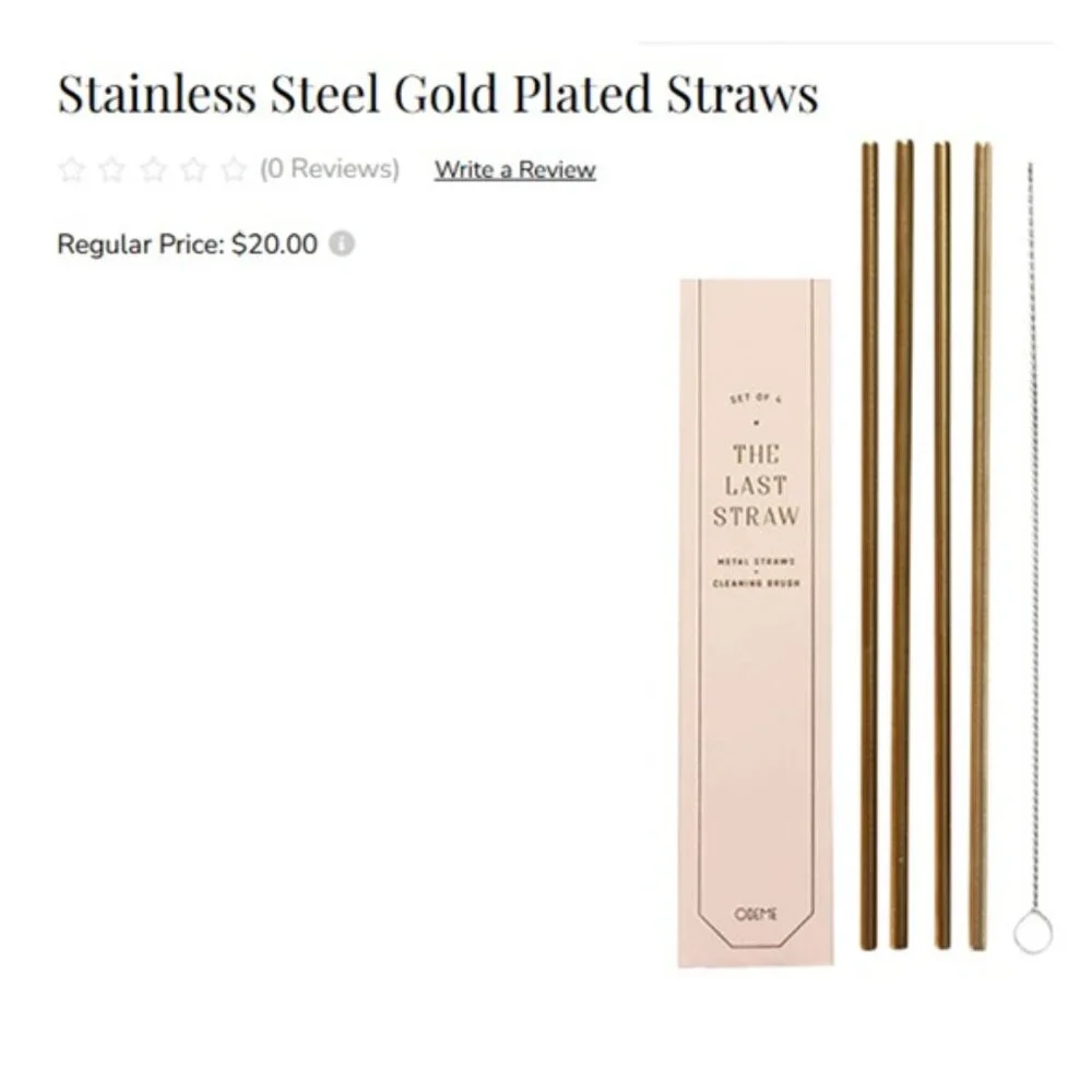 ODEME “The Last Straw” Set of 4 Gold Plated Metal Drinking Straws NEW IN‎ BOX!!